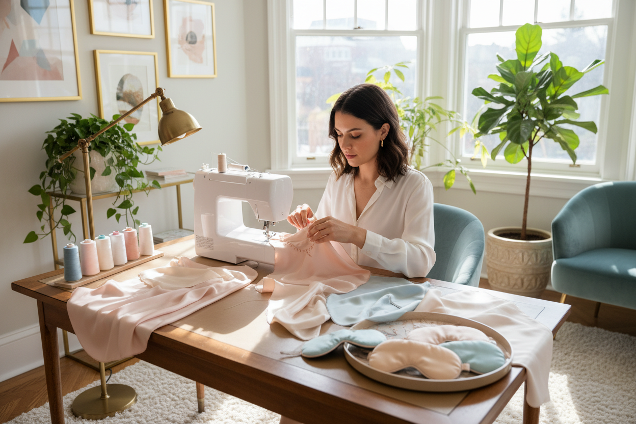 elle couds des masques de nuit en soie plus chic  Image